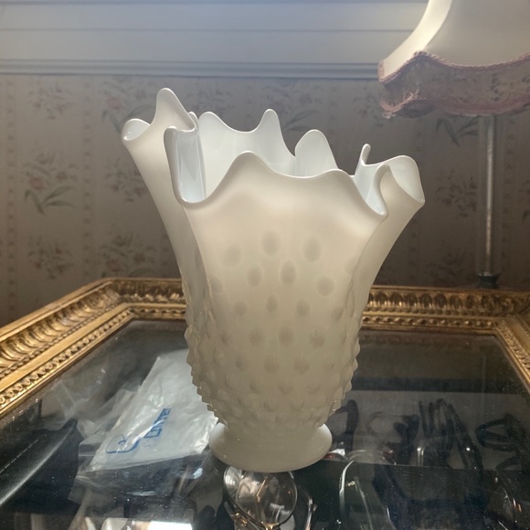 Sensual Swung Fenton Hobnail Stretched Milk Glass Ruffled Fluted Vase Unique